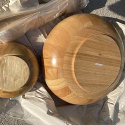 Salad Bowl Set - Brand New 7 Piece Wooden Salad Set - 1 - 14” Large Bowl, 4 - 7.25” Bowls, Serving Utensils - Vintage Set From Storage