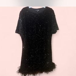 Black sequin mini dress with feather trim #minidress #sequindress