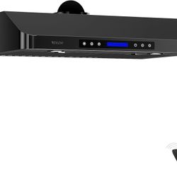 EKON 36 Black inches Under Cabinet Range Hood, 900 CFM Stainless Steel Kitchen Chimney Vent, 4 Speed Touch Screen Control With Remote 2Pcs 3W LED ligh