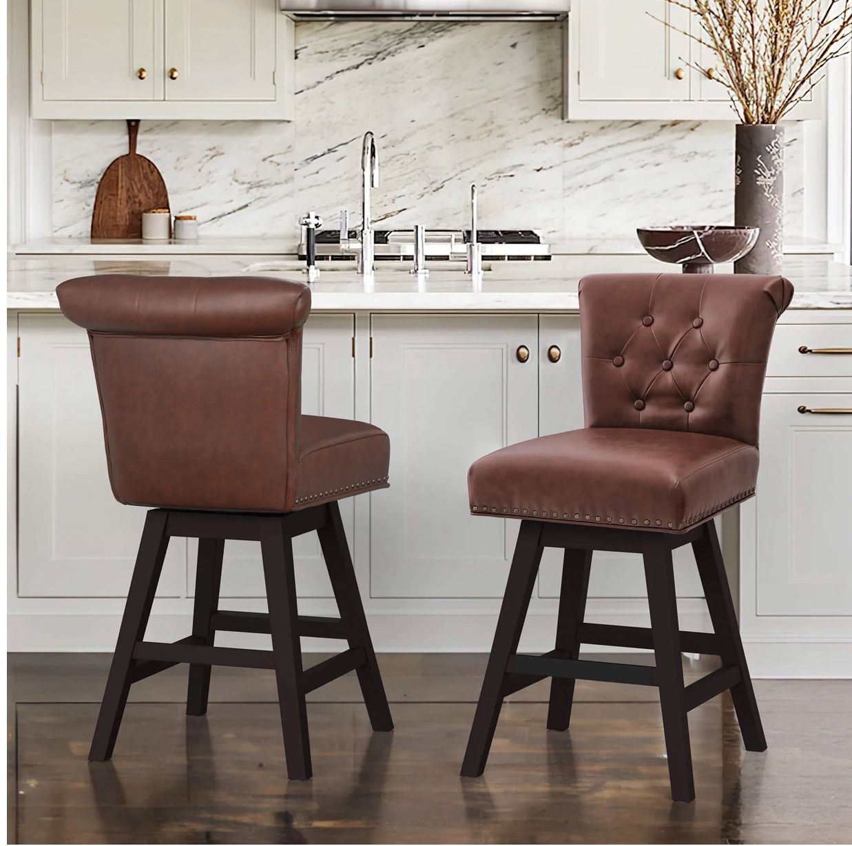 Darl Brown Swivel Counter Stool with Nailhead Trim set of two