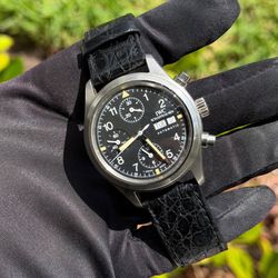 IWC Pilot Flieger Chronograph Automatic Watch IW370603 38mm Black Dial Leather Band White Arabic Numerals