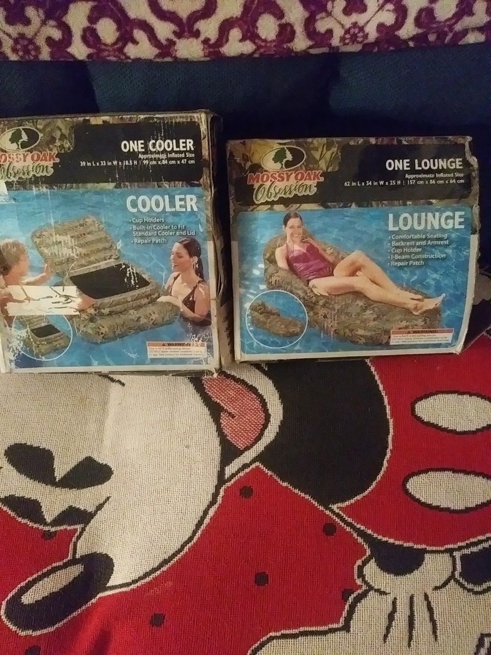 Camo, inflatable cooler and raft.