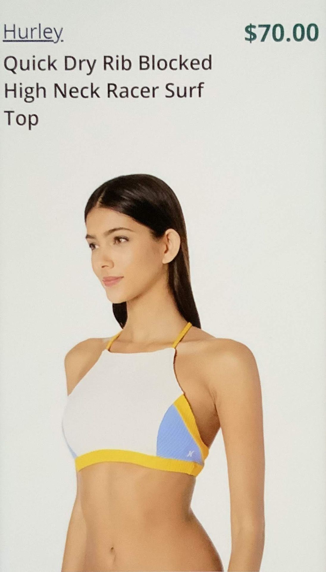 Surf Bikini Top 🌺Hurley Women’s Quick-Dry Rib Blocked Sz(Sm) White-Blue-Yellow “New” $25 Off