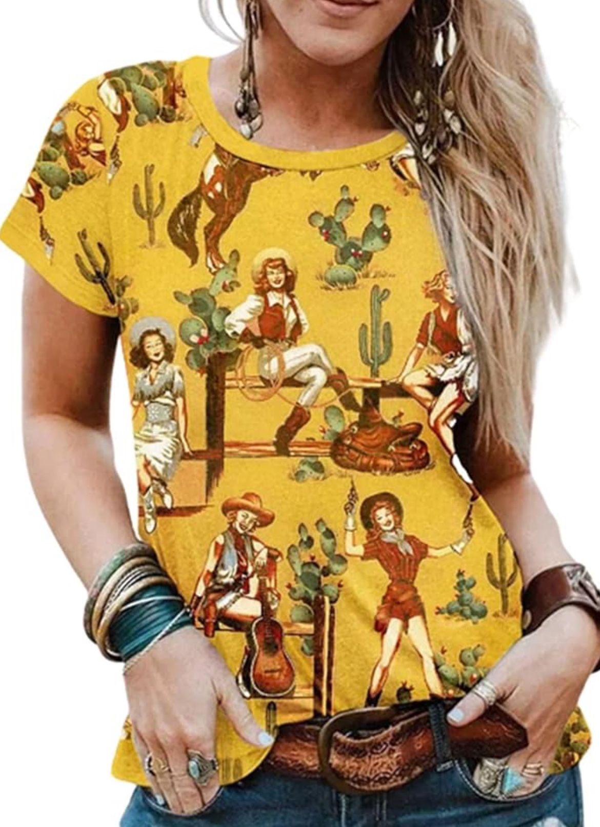 Womens Horse Cactus Guitar Cowgirl Blouse Size M Strech Yellow Multicolor