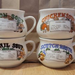 Vintage Lot of 4 Nice Soup Recipe Mugs - Oxtail, Onion, Chicken, Scotch Broth