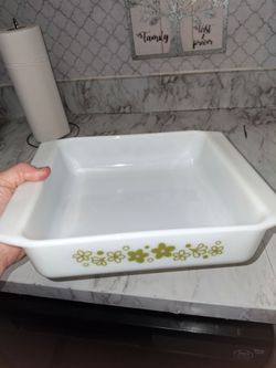 Vintage Pyrex 922 Square Baking Pan – Spring Blossom Green Crazy Daisy – 8x8 White Glass Dish – 1970s Retro Kitchen Bakeware kitsch mcm