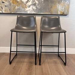 TWO Grey Leather & Black Metal Counter Chairs- Bar Stools- Counter Height Stools
