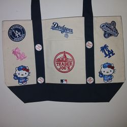 Trader Joe's Large Navy Blue Canvas Tote Bag  Patches On Both Side's 