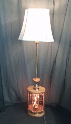 Vintage MCM Don Ward Etched Amber Glass Panel Wood & Brass 3-Way Floor Lamp