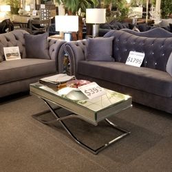 Brand New Grey Or Blue Velvet Modern Sofa + Loveseat 2PCs Set