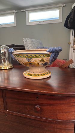 Large Italian Hand-Painted Ceramic Centerpiece Pedestal Bowl