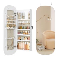 Jewelry Organizer, LED Jewelry Cabinet Wall/Door Mounted, Lockable Rounded Wide Mirror with Storage