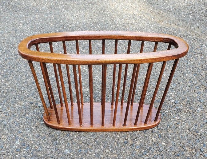 Mid Century Era Magazine Rack - Arther Umanoff Design - Walnut Oval Spindle Design