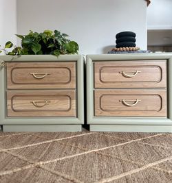 Pair of nightstands sage green and natural wood