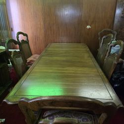 Vintage Solid Wood Dining Table with Cane-Back Chairs