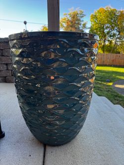 Large 21.5" Costco Glazed Ceramic Planter – Dark Blue/Teal Ripple Wave
