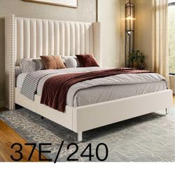 Bed Frame King Size Tufted Bed with Vertical Channel Velvet Headboard/No Box Spring Needed Easy Assembly Bed Frame, King, Cream$240