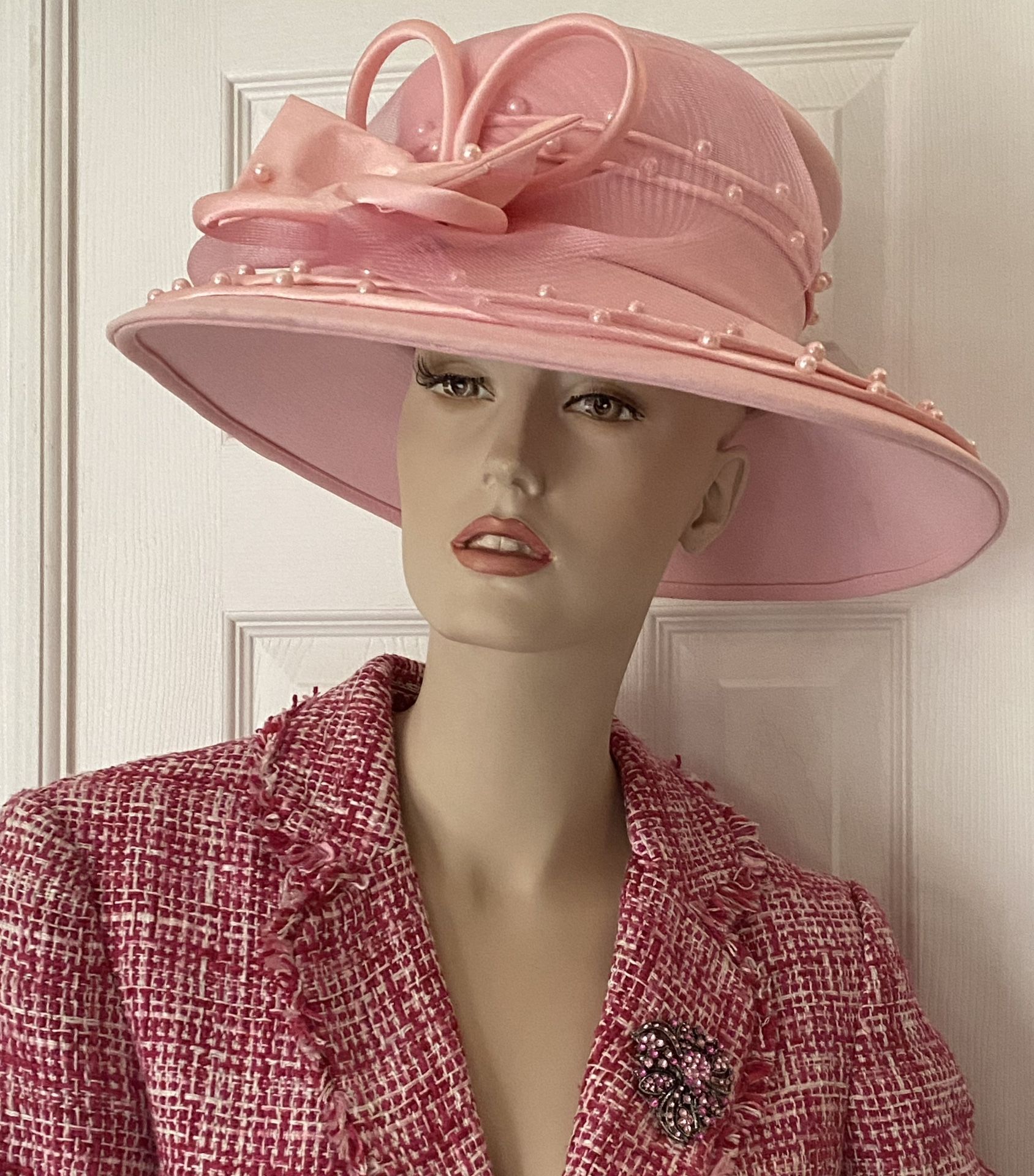 HAT CHURCH HAT – ML STUDIO PINK WIDE BRIM HAT WITH BEADS AND BOW DESIGNER HAT –  MOTHER’S DAY GIFT CHURCH HAT