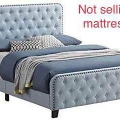 King Size Deft Blue Fabric Upholstered Bed