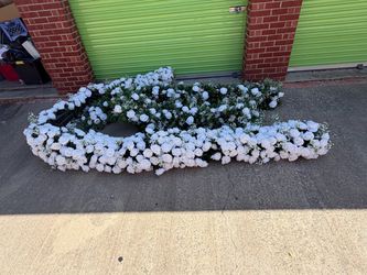 Artificial white rose and greenery garlands, 25 ft total, great for wedding arch, backdrop, or reception decor, clean, no damage