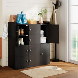 43.6'' Bathroom Floor Cabinet, Freestanding Storage Closet, with 4 Layers 10 Storage Cabinet, White/Black