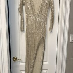 Gold Sequin Rhinestones High Slit Dress