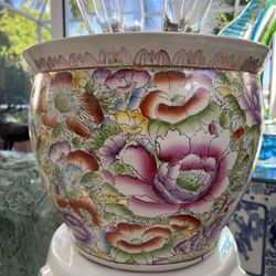 BIG Hand Painted Gold, Colorful Floral Asian Chinese Chinoiserie Oriental Koi Fish Planter. 14”H X 11” Round Pot. Beautiful Art For Plant Or Magazines