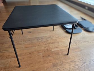 Folding card table, two chairs, straw bar stool