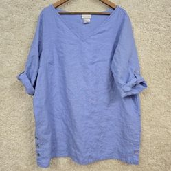 Soft Surroundings Tunic Women 2X Purple Linen V Neck Roll Tab Sleeve Relaxed 