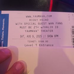 RICKY HSIAO TICKETS (2) AT YAAMAVA TONIGHT 
