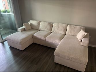 Large Cream Corduroy Sectional Sofa