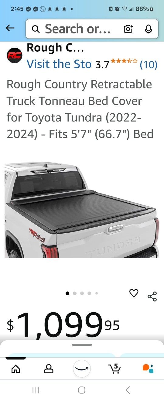 Rough Country Retractable Truck Tonneau Bed Cover for Toyota Tundra (2022-2024) - Fits 5'7" (66.7") Bed