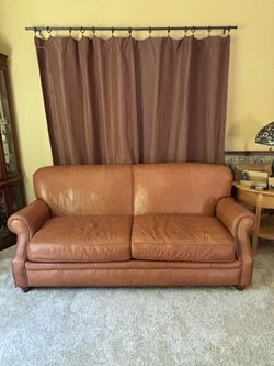 Leather Sofa, Saddle/Light Brown, Nail Head Arms