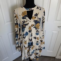 Blu Pepper Boho Beige w Blue & Gold Flowers V-Neck w Snap Button Accent Lined Dress Size L