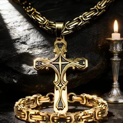 3-Pcs Uniquely Crafted Multi-Layer 2-Tone Gold & Black Titanium Cross W/24" Byzantine Chain Necklace & Bracelet Set 
