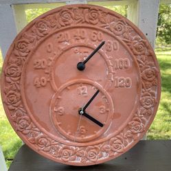 Terracotta Outdoor 12" Clock/Thermometer Wall Hanging