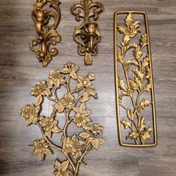 Vintage Gold Syroco Garden Hollywood Regency Plaques Candle Holders Sconces