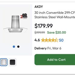 $100 AKDY 30-inch Convertible 299-CFM Stainless Steel Wall-Mounted Range Hood