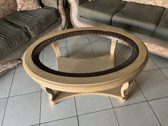 Wooden Carved Coffee Table With Glass Top