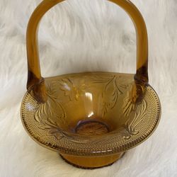 Tiara Glass Amber Basket Etched BW On Both Side Handle 