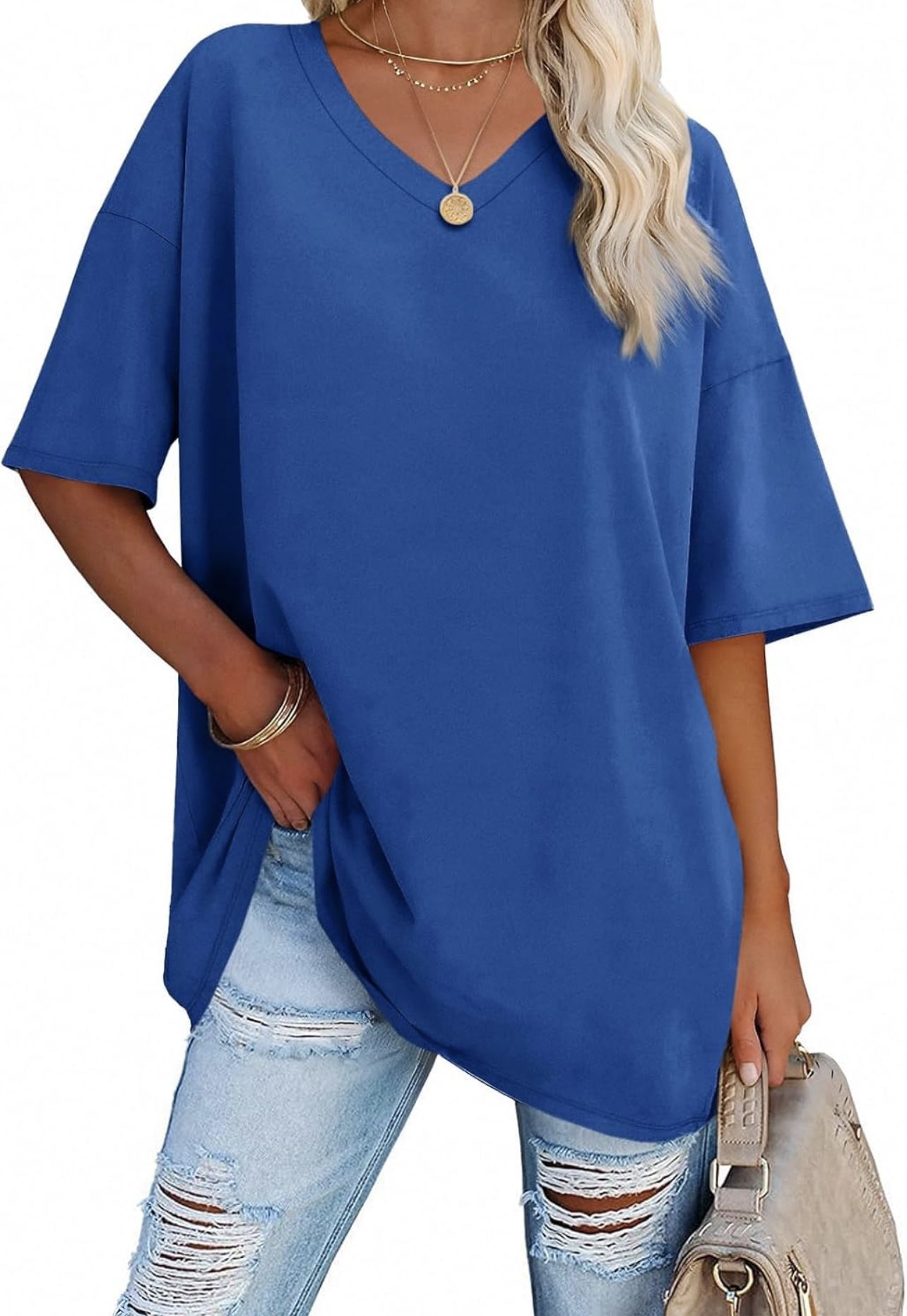 Ebifin Womens Oversized V Neck T-Shirt Half Sleeve Loose Cotton Tunic Top - NWT