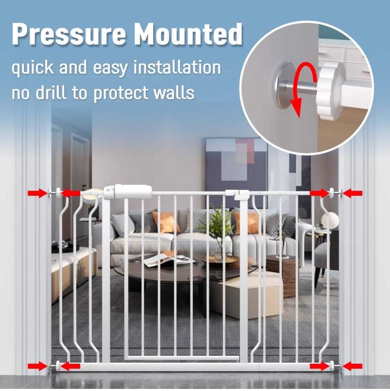 ALLAIBB Extra Wide Pressure Mount Baby Gate Auto Close White Metal Child Dog Pet Safety Gates with Walk Through for Stairs,Doorways,Kitchen and Living