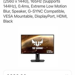 ASUS TUF Gaming 27" 2K HDR Gaming Monitor (VG27BQ) - QHD (2560 × 1440), 165Hz (Supports 144Hz), 0.4ms, Extreme Low Motion Blur, Speaker, G-SYNC Compat