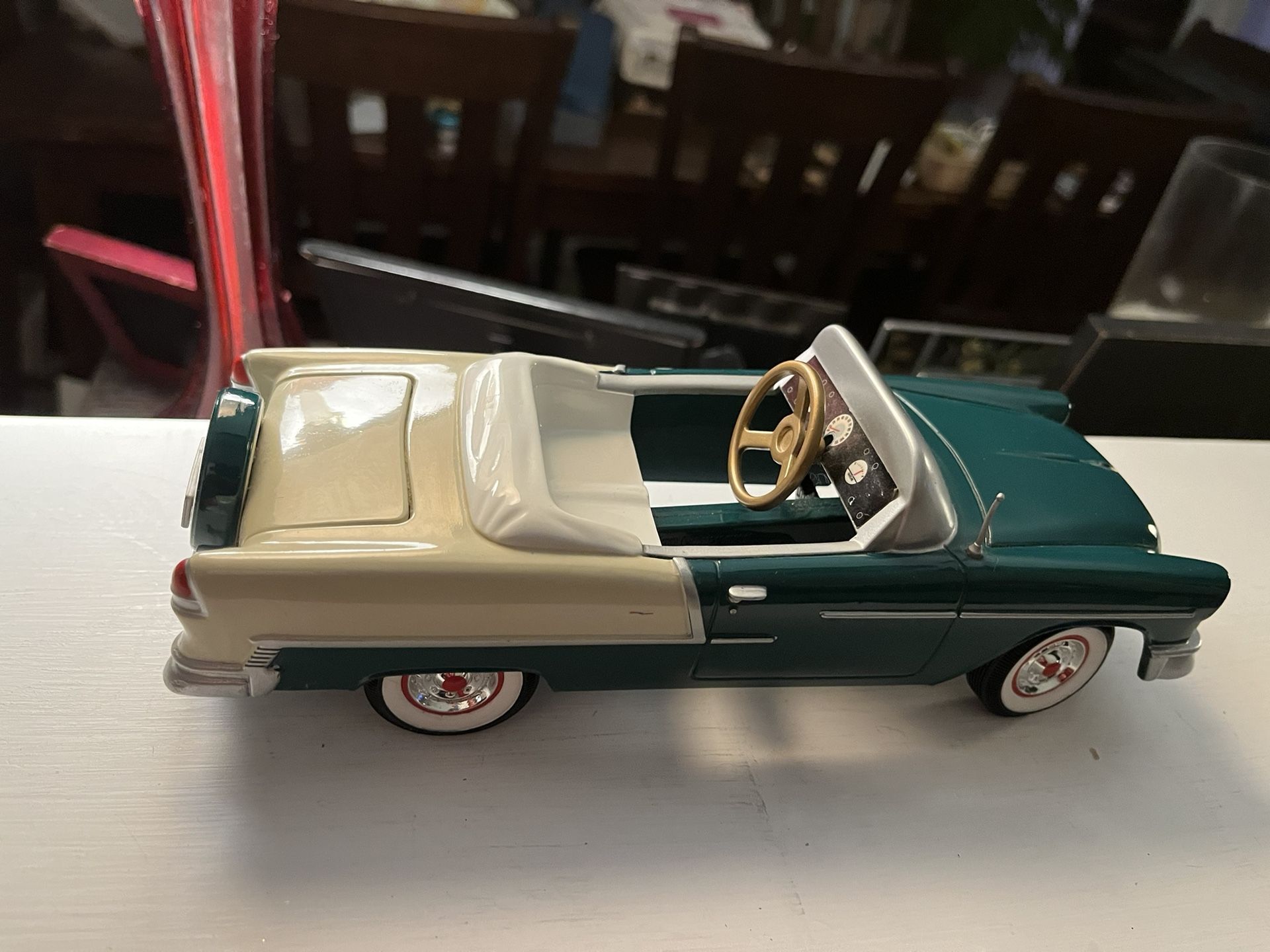 unique rare Vintage 1955 Bel Air chevy with hidden trunk piggy bank, moving steering wheel, pedals car toy