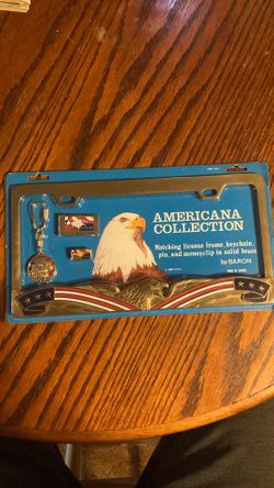 Vintage USA 1985 Baron Solid Brass American Flag & Eagle License Plate Frame