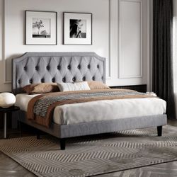 SHA CERLIN Full Size Upholstered Platform Bed with Curved Rhombic Button Tufted Headboard