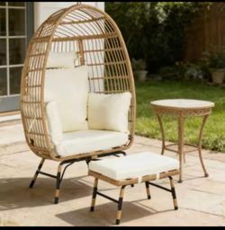 Rattan Egg Chair with Ottoman and Beige Cushions for Porch, Backyard, Balcony