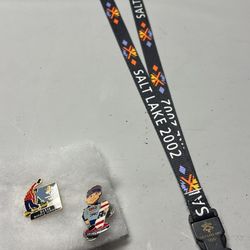 Lot of 3 Salt Lake 2002 Winter Olympics  lanyard Dixie Middle School pin featuring a snowboarder  Snowboard Bobble Head pin in the Snowboarding Olympi