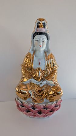 Porcelain Pottery Quan Guan Yin Goddess Boddhisattva Statue Pink Gold Vintage MOVING SALE 92408 ZIP