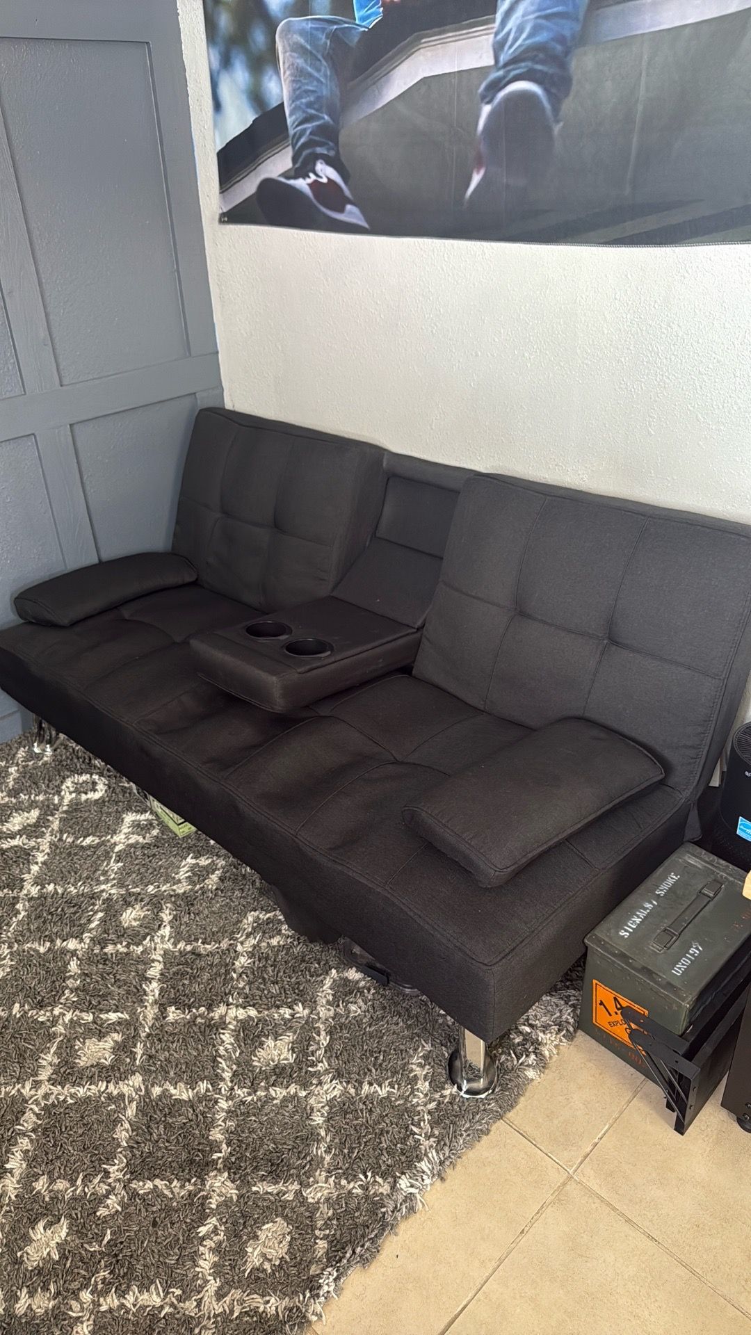 Black Futon Couch Bed w/ Cupholders
